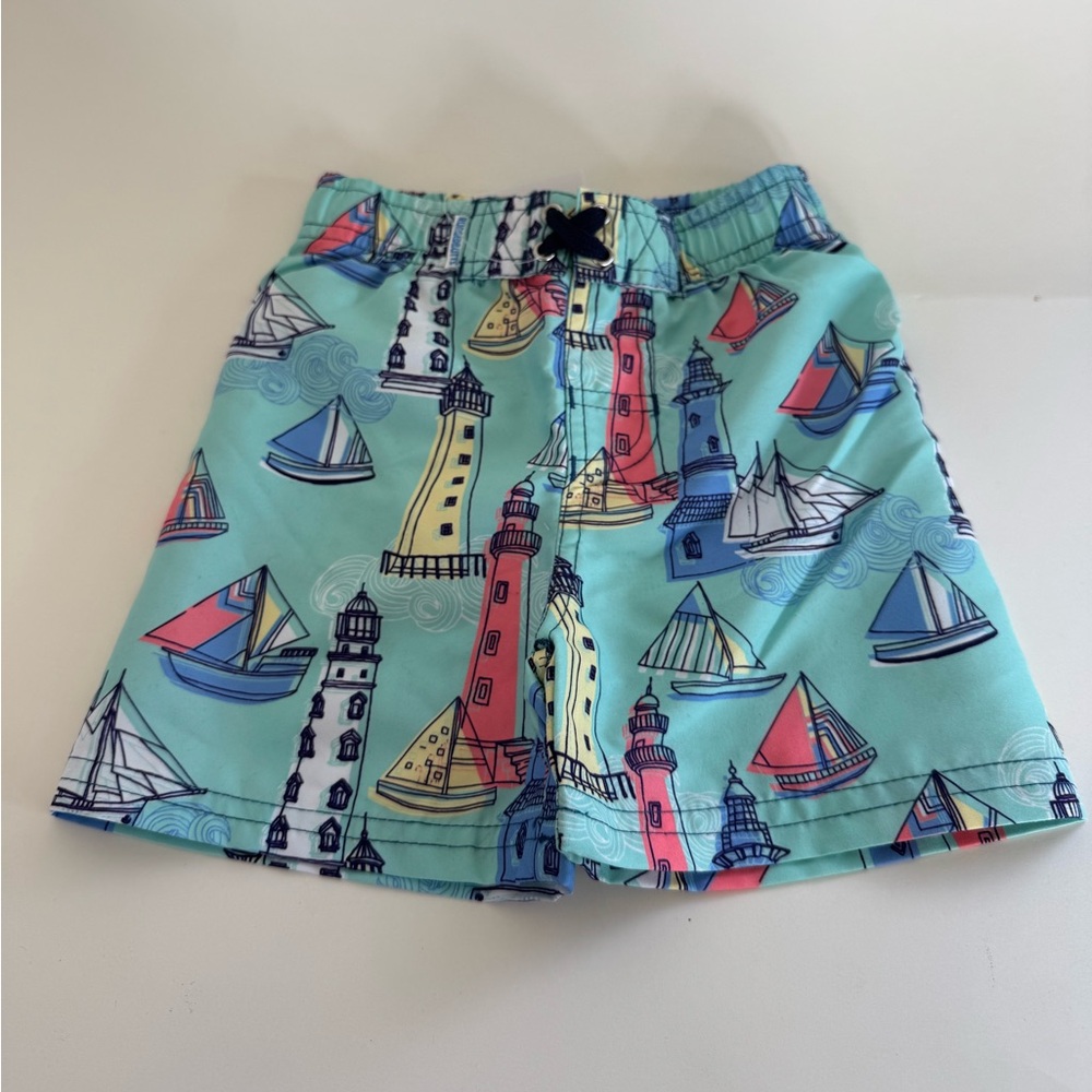 RuggedButts Kids Nautical Print Swim Trunks - Aqua